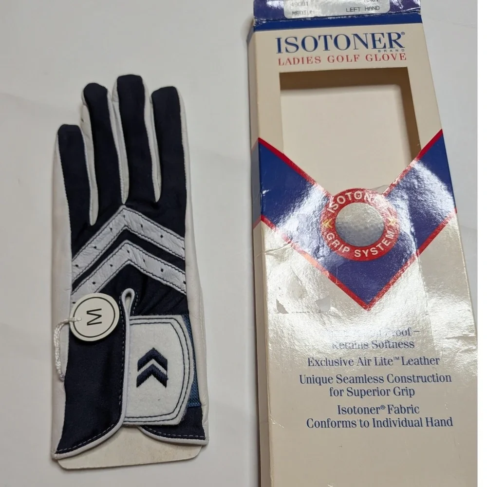 Vintage Isotoner Women's Golf Glove Medium Left Hand Navy White Leather NOS Box - Picture 3 of 5